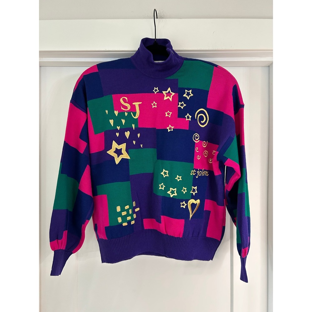 St John Vintage 80s New Wave Colorblock Sweater Gold Embroidered Logo Med USA